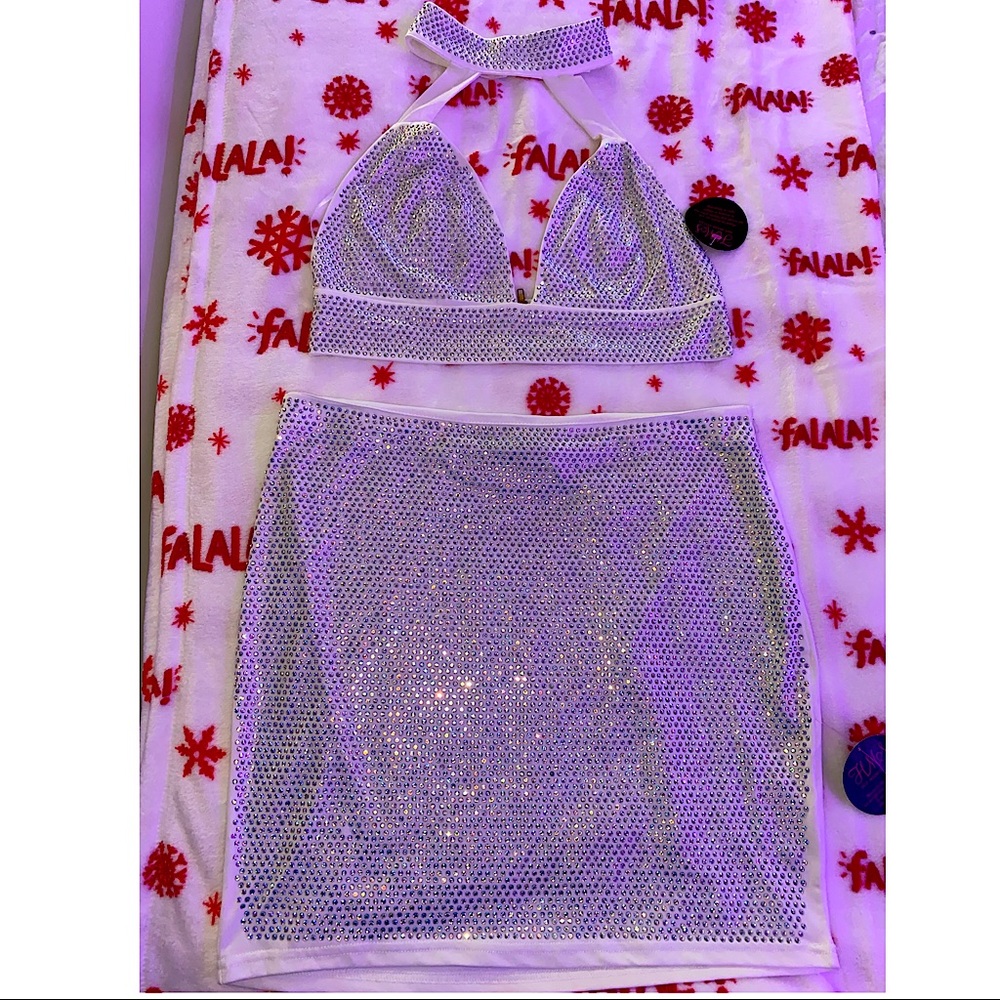 White Iridescent Rhinestone Studded Two Piece Set